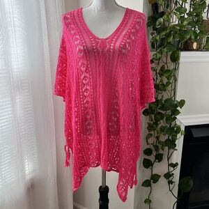 Hot Pink *Barbiecore* Loose Knit Oversize Swimsuit Beach Coverup Boho Sweater OS